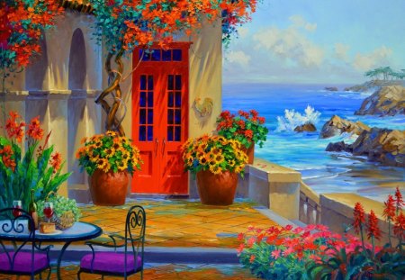 Romantic hideaway - nice, sky, water, coast, rocks, mediterranean, painting, view, art, quiet, pretty, romance, house, morning, ocean, lake, summer, shore, lovely, hideaway, waves, nature, village, romantic, door, beautiful, breeze, flowers, sea