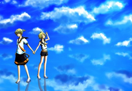 Len & Rin Kagamine - sky, rin and len kagamine, water, clouds, vocaloid, barefoot, anime, siblings