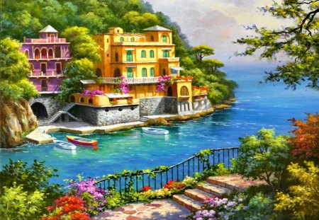 Secluded cove - resorts, stairs, cove, colorful, bay, port, art, view, lake, mountain, boats, villages, country, nature, pier, beautiful, rest, sea, horizons, seaside, nice, trees, dock, hidden, peaceful, water, vacation, painting, quiet, pretty, calmness, architecture, paintings, coastal, relax, landscapes, secluded, attractions in dreams, shore, summer, lovely, village, love four seasons, flowers, colors, erenity