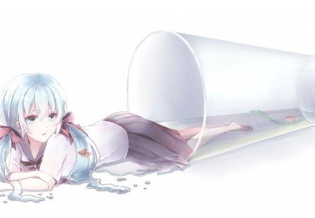 ~Freedom~ - big cup, vocaloid, anime, water, bows, seaweed, hatsune miku, fish