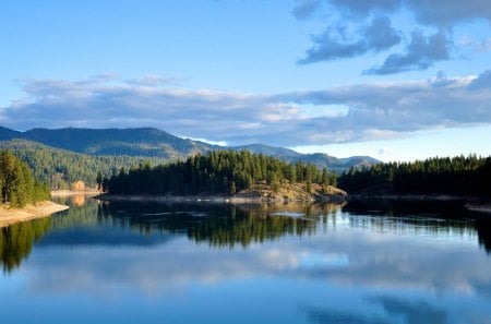 The Lonely Island - mountains, water, landscape, lake, sky, scenery, reflection, clouds, island, trees, nature