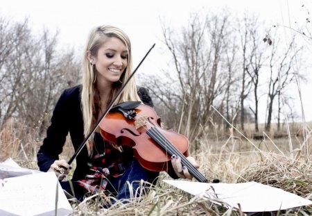 Outdoor music - music, violin, singer, grass