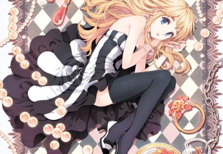 Kotobuki Tsumugi - pretty, anime, elegant, divine, female, dress, blonde, lying, blond hair, long hair, gorgeous, blond, nice, kotobuki tsumugi, blue eyes, gown, anime girl, chain, beautiful, hot, girl, blonde hair, beauty, lovely, jewel, k on, jewelry, cute, sexy, pearl