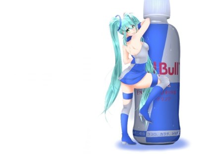 Red Bull - anime, vocaloid, female, hatsune miku, green hair, long hair, plain, anime girl, bottle, red bull, twintails, hot, girl, simple, drink, white, miku, cute, hatsune, sexy, vocaloids