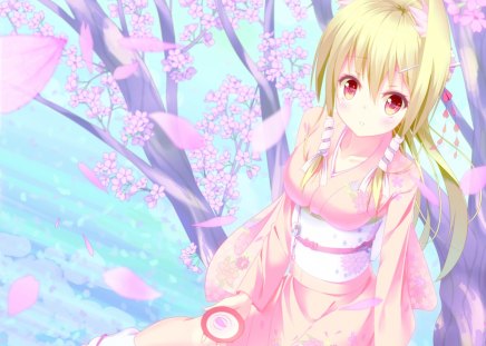 Falling Petals - flower, cute, blond hair, neko, blossom, blonde, hot, anime girl, girl, cherry blossom, blond, blonde hair, floral, nekomimi, pink, sakura, anime, yukata, sakura blossom, long hair, kitsune, ears, petals, neko mimi, sexy, kimono, female