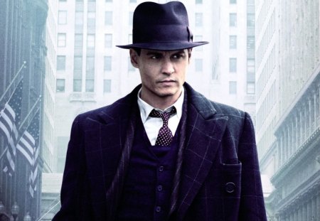 Johnny Depp - building, hat, movie, public enemies, black, white, blue, man, actor, city, johnny depp