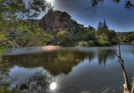 sunbeams over a lake hdr - lake, hill, reflection, sunbeams, trees, hdr