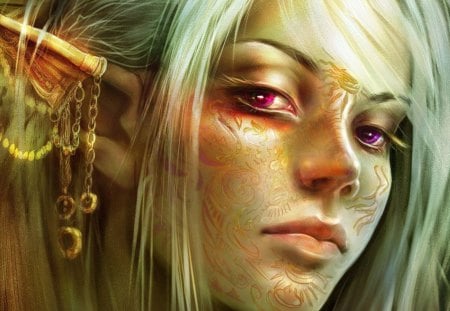 Elf princess - beauty, woman, princess, elf, girl, fantasy, tattoo, earrings, yellow, pink, amethyst eyes, creature, blonde