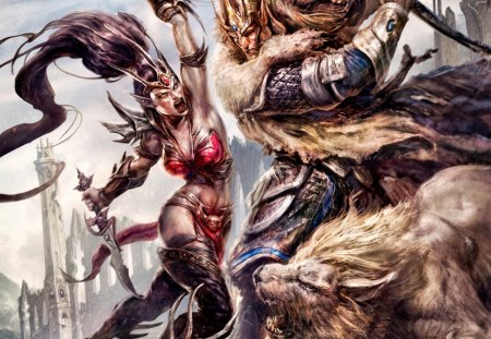 Warhammer Online - warrior, blue, Warhammer Online, pink, man, beast, battle, animal, red, golden, lion, game, girl, sword, fantasy, amazon, woman