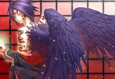 Angel - angel, light, wings, fighter, tattoo, purple, boy, anime, feather, manga