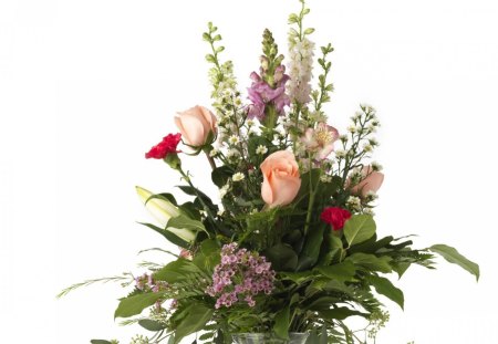 roses - rose, vase, leaves, liliies, bocket