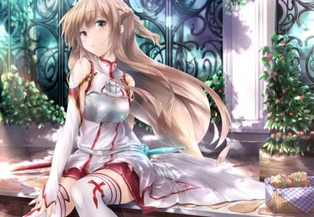 Asuna - Asuna, anime, Virtual Reality, swordgirl, Garden, Sword art online, long hair, SAO