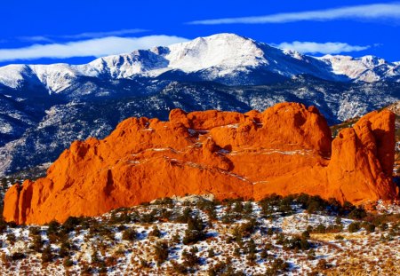 Pike Peaks Mountains, Colorado - winter, blue, snow, orange, ground, nature, land, cold, mountains, day, sky