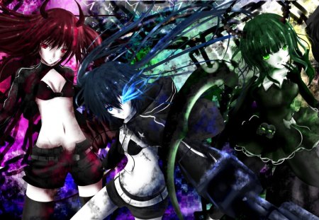 Black Rock Shooter's - anime, blue, BRS, Black Gold Saw, girls, black, Dead maser, red, green, blue flames, weapon, Black rock shooter