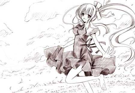 ~Kamio Misuzu~ - clouds, anime, Kamio Misuzu, air, dress, barefoot, long hair, sky