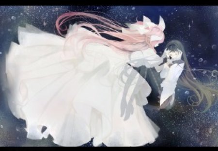 You're Never Alone - pretty, white dress, anime, spirit, girl, long hair, pink hair, stars