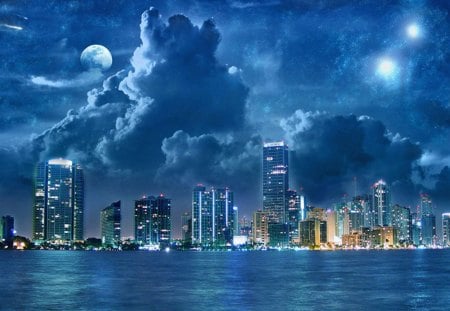 moon and city - moon, city, water, lights