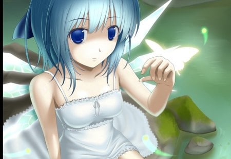 Glowing Butterfly - anime, kawaii, magic, female, wing, dress, light, short hair, touhou, blue eyes, gown, anime girl, water, cirno, girl, sundress, wet, glow, wings, fairy, cute