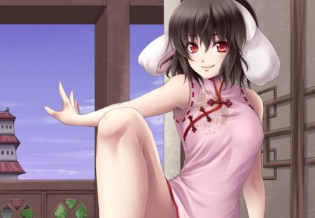 Cheongsam Bunny - neko mimi, female, hot, anime girl, nekomimi, brown hair, red eyes, touhou, anime, oriental, usa, cute, short hair, neko, sexy, girl, inaba tewi, ears, cheongsam, chinese