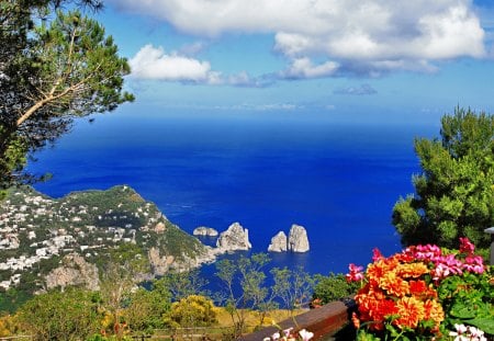 Lovely View - sky, trees, italy, coastline, mediterranean, view, clouds, nture, tree, mountain, capri, italia, nature, town, splendor, island, flowers, sea