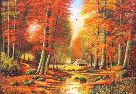 Season in harmony - house, trees, beautiful, splendor, colors, forest, lovely, colorful, river, season, autumn, peaceful