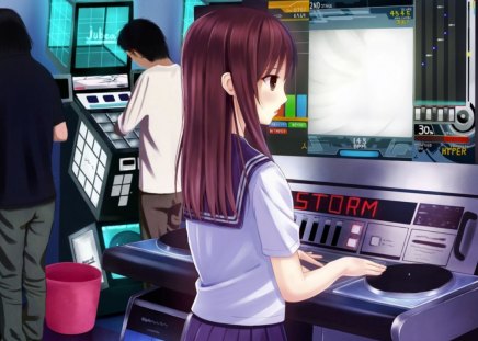 Modern Acade - anime, play, female, guy, long hair, boy, male, uniform school uniform, anime girl, game, hot, girl, brown hair, playing, arcade, cute, sexy, machine