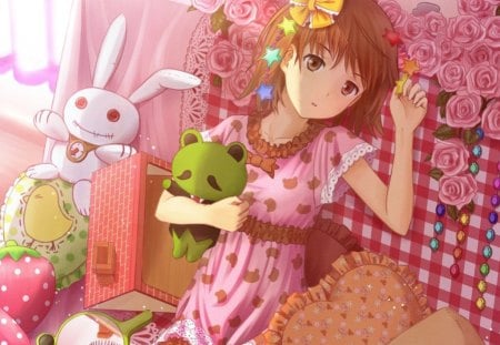 So Bored - star, anime, kawaii, female, blossom, dress, pink, long hair, ribbon, anime girl, girl, brown hair, flower, petals, toy, rose, cute, floral