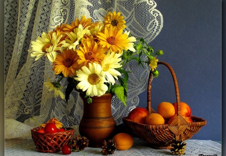 Still life - pretty, summer, room, spring, cozy, flowers, curtain, daisies, fresh, apricot, yummy, nice, fruits, vase, cherries, delicate, beautiful, lovely, freshness, still life, bouquet, peach, basket, colorful, arrangement, tender