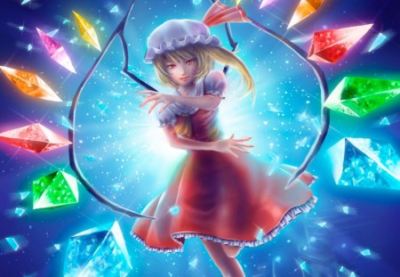 Colorful - anime, magic, female, wing, blue, flandre scarlet, dress, light, long hair, crystal, touhou, sparks, anime girl, realistic, hot, girl, cg, glow, fantasy, wings, fairy, cute, 3d, sexy