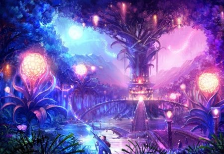 Tera - tera, blue, night, light, pink, purple, view, land, castle, game, beauty, lantern, tree, fantasy, world, green, inline