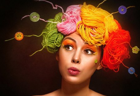 Girl in yarn wig - colorful, wig, girl, face, yarn