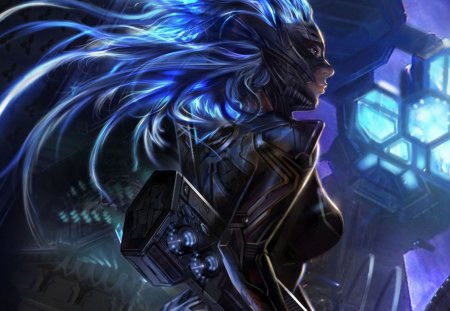 Galaxy Saga - fighter, game, blue, girl, night, light, dark, creature, armor, black, fantasy, costume, galaxy saga, woman, weapon