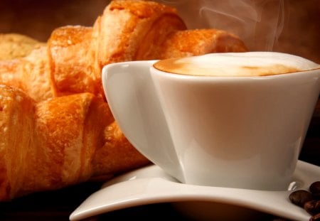 BREAKFAST is READY! - foam, coffee, breakfast, croissant, saucer, cappuccino, steam, grain, pastry, dessert, cup