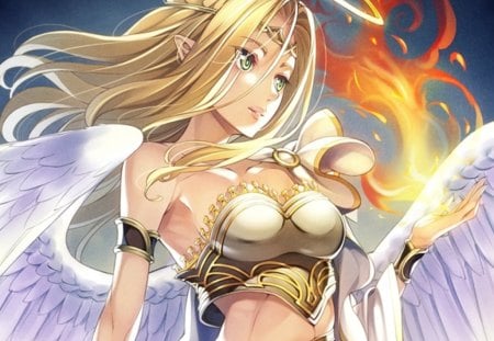 Holy Fire - nice, realistic, beauty, hot, angel, blond, wings, anime girl, elegant, fire, fantasy, flame, blond hair, gorgeous, pretty, blonde hair, armow, anime, feather, cute, sexy, girl, long hair, lovely, cg, 3d, wing, beautiful, sweet, blaze, blonde