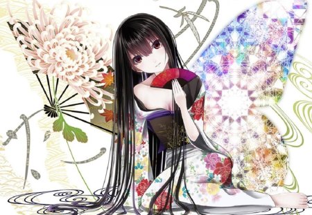 Butterfly Dream - fan, girl, wings, colorful, long hair, orginal, butterfly, oriental, kimono