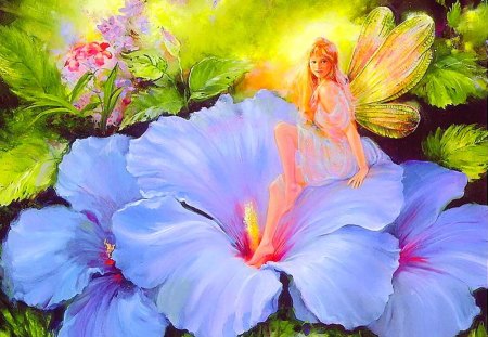 Fairy in moms garden - blue, air, beautiful, wish, colors, lovely, flower, dream, fantasy, garden, fairy, color