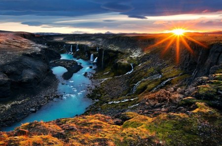 Canyon of wonder - waterfalls, sunset, rivers, cliffs, landscapes, mountains