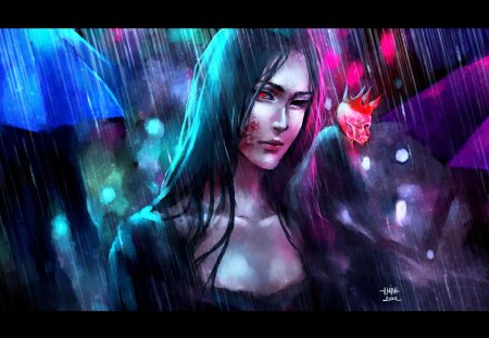 A night in Tokyo - woman, death, dark, rain, umbrella, long hair, colourful