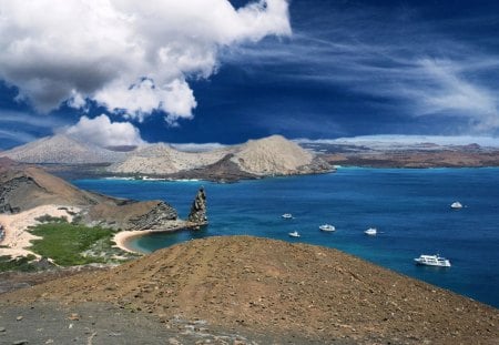 boats in the bay - beach, boats, mountain, sea