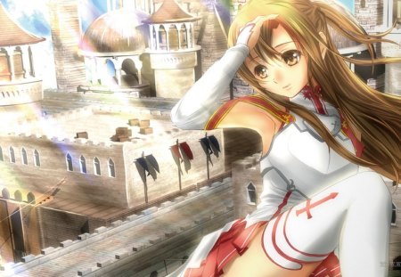 Asuna - asuna, sword, game, anime, virtual reality, long hair, sword art online, cross, white dress, sao, egypt background