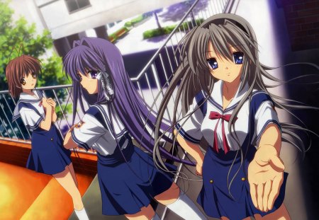 take my hand - kyou fujibayashi, harem, comedy, ryou fujibayashi, clannad, anime, romance, nagisa furukawa, manga