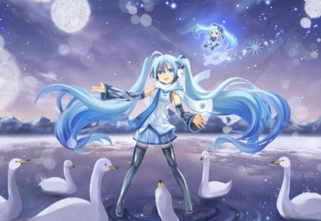 Yuki Swan - anime, vocaloid, female, snowflakes, swan, snow, hatsune miku, long hair, happy, yuki, yuki miku, blue hair, chibi, sky, anime girl, winter, water, twintails, hot, girl, wet, miku, cute, hatsune, sexy, vocaloids