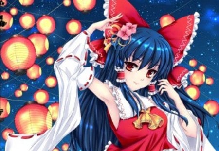 Lantern Festival - star, anime, female, night, light, long hair, touhou, blue hair, ribbon, reimu, sky, brown eyes, anime girl, hot, girl, lantern, kakurei reimu, cute, sexy