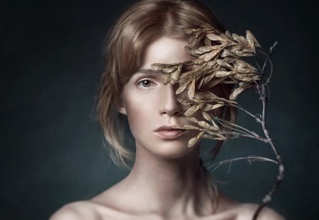 Artistic woman - face, dried branch, artistic, woman