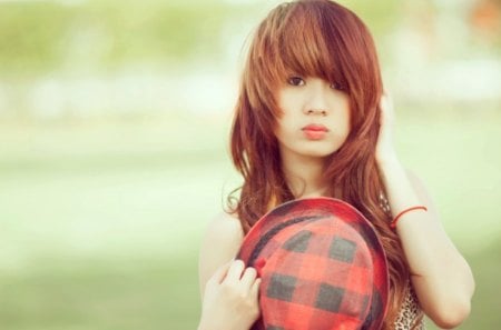 very cute - girl, hat, field, sweet, red hair, asian