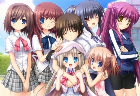 Happy Friends - anime, kawaii, female, team, guy, vute, long hair, happy, uniform, boy, male, short hair, group, ribbon, hug, hat, anime girl, skirt, girl, cap, friend, school uniform, little busters