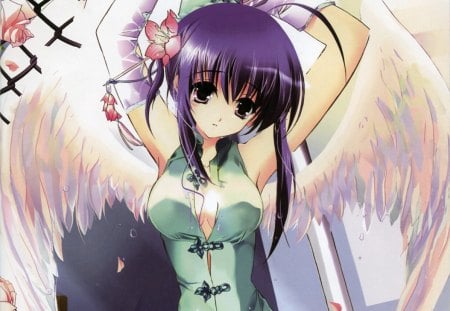 Chinese Angel - anime, anime girl, female, wing, hot, girl, feather, angel, long hair, oriental, wings, cute, purple hair, sexy, cheongsam