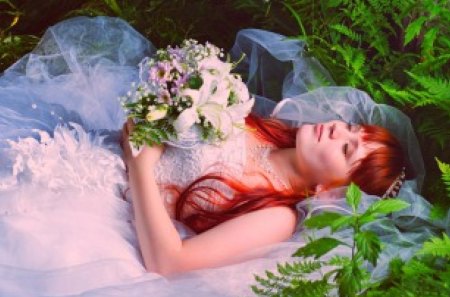 Redhead bride - model, bouquet, lying, bride, woman, redhead