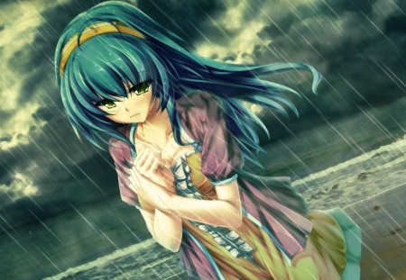 Sadness - rain, cute, beach, ocean, girl, torment, manga, crying, sadness, upset, green hair, cloud, pink, water, yellow, anime, dress, blue, sky, storm, sad, sea, cry, tears