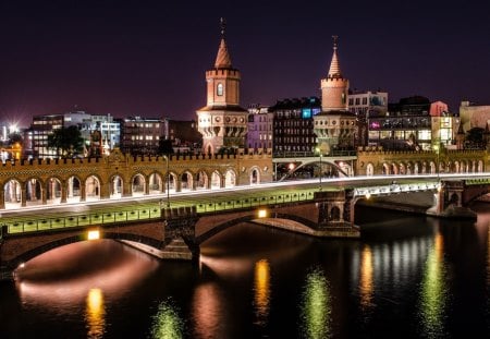 fabulous ancient modern bridge - river, lights, towers, city, night, bridge